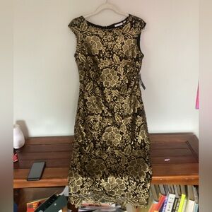 New York & Company black midi dress with gold embroidery